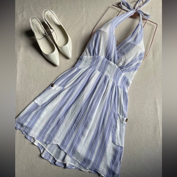 American Eagle Outfitters Dresses & Skirts - American Eagle Halterneck Striped Mini Sundress Pocket Lavender White Dress XS